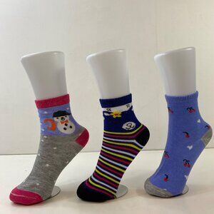 Womens Crew Socks Set 3 Snowman Bear Cherry Heart Stripes Polka Dots Gray Blue